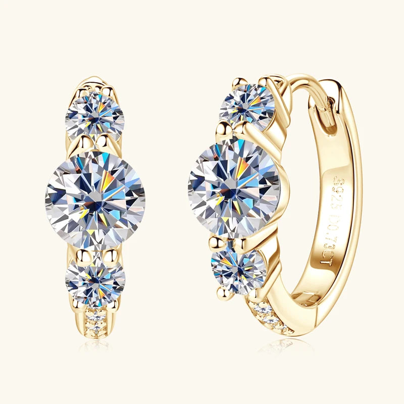 Three Stone Moissanite Earring Original 925 Sterling Silver Hoops Earring
