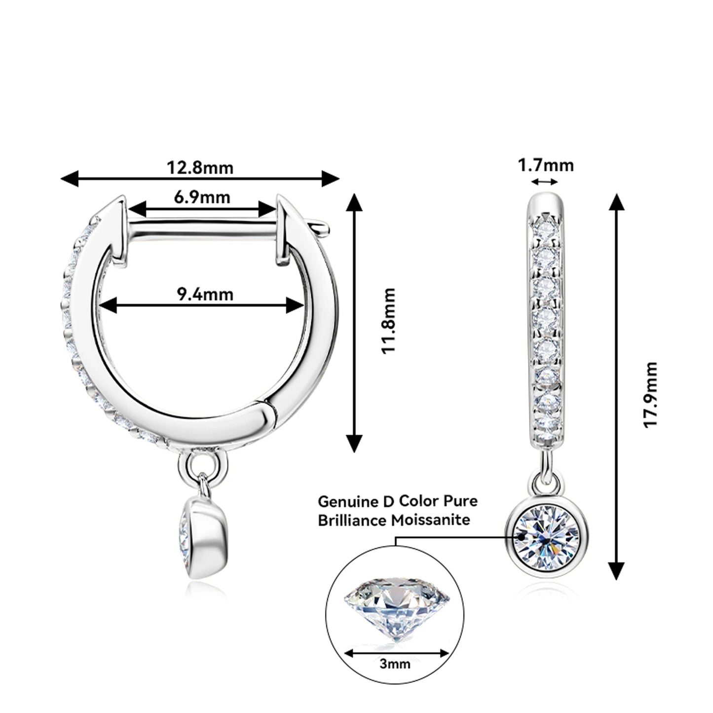 925 Sterling Silver Dangle Earring 1CT 2CT Moissanite Drop Earrings