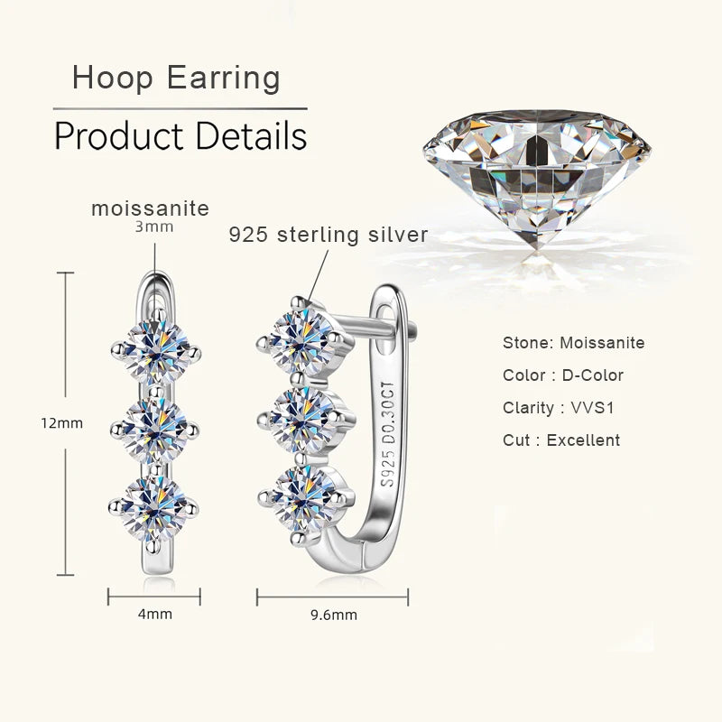 Three Stone Moissanite Earrings 925 Sterling Silver U-Shaped