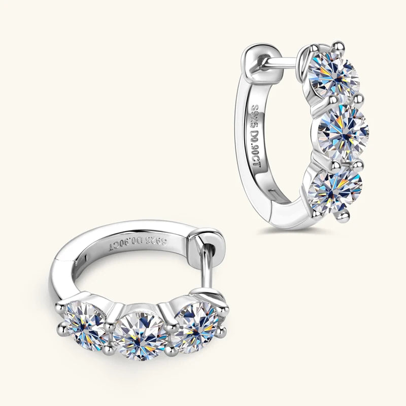 925 Sterling Silver Circle Earring Sparkling Three Stone 4mm Moissanite Hoop Earrings