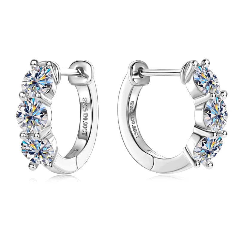925 Sterling Silver Circle Earring Sparkling Three Stone 4mm Moissanite Hoop Earrings