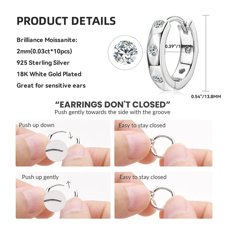 Moissanite Earring 925 Sterling Silver Huggies Hoop Earrings