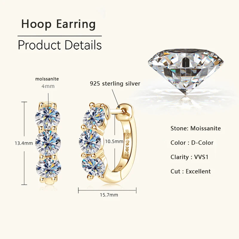 925 Sterling Silver Circle Earring Sparkling Three Stone 4mm Moissanite Hoop Earrings