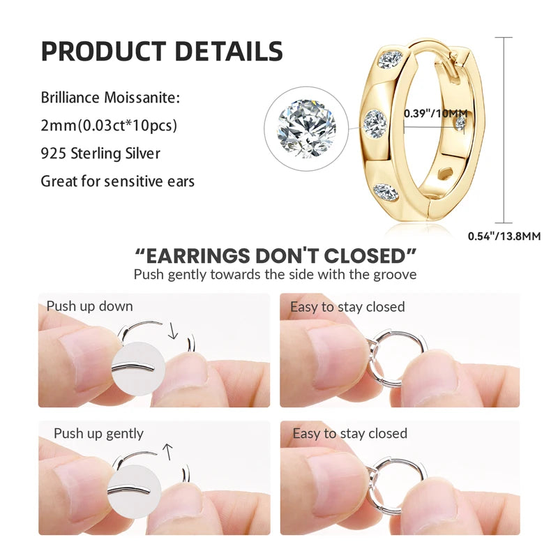 Moissanite Earring 925 Sterling Silver Huggies Hoop Earrings