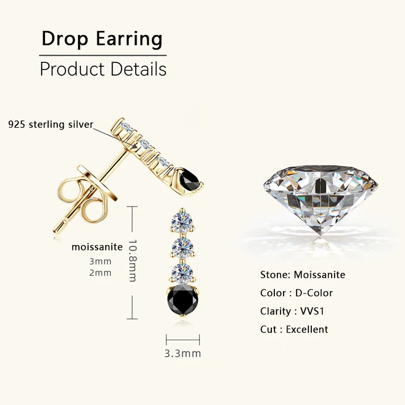 Black Moissanite Drop Earrings 925 Sterling Silver Dangle Earring