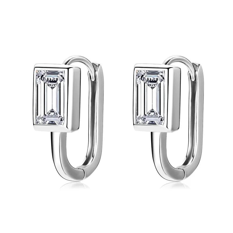 925 Sterling Silver U-shaped Hoop Earrings Emerald Cut 5*7mm Moissanite Earring