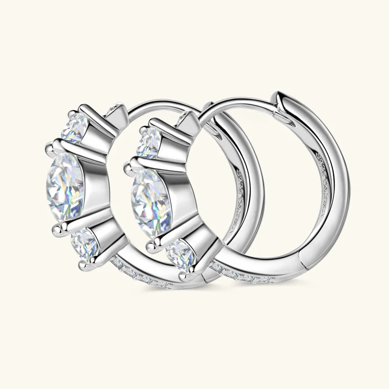 Three Stone Moissanite Earring Original 925 Sterling Silver Hoops Earring