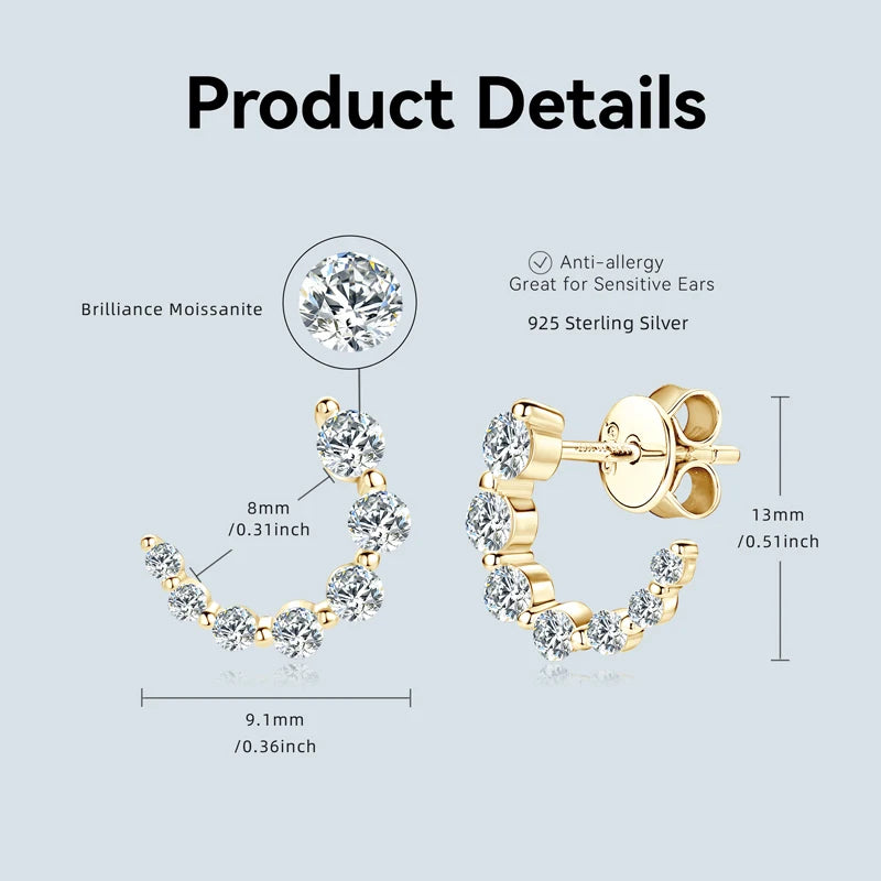 925 Sterling Silver Earrings C-shaped Single Row Moissanite Stud Earring