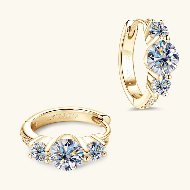 Three Stone Moissanite Earring Original 925 Sterling Silver Hoops Earring