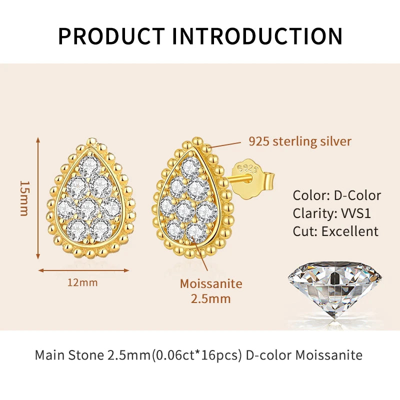 D-Color Moissanite Teardrop Stud Ear 925 Sterling Silver Vintage Gold Color Earrings for 2025 Fashion