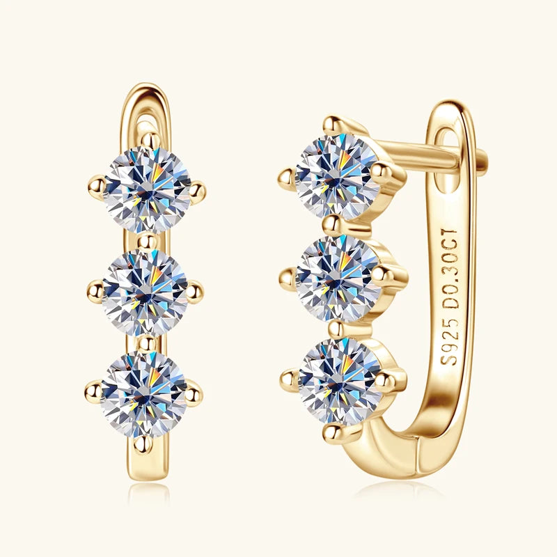 Three Stone Moissanite Earrings 925 Sterling Silver U-Shaped