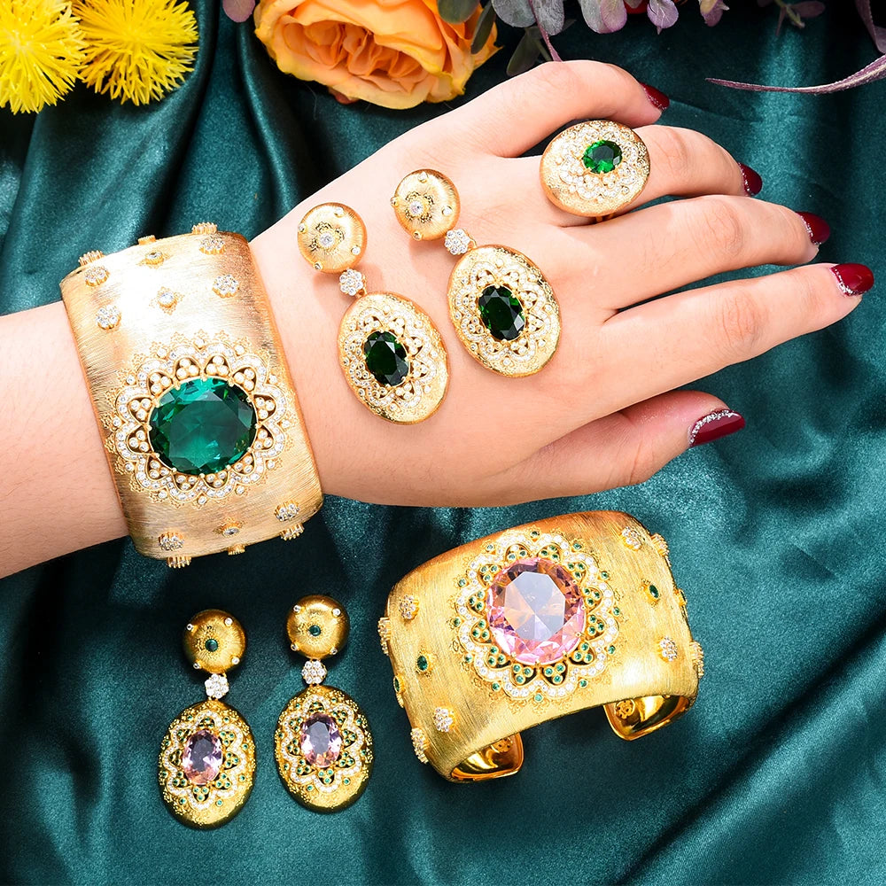 golden Wide Bangle Earrings Ring Jewelry Sets
