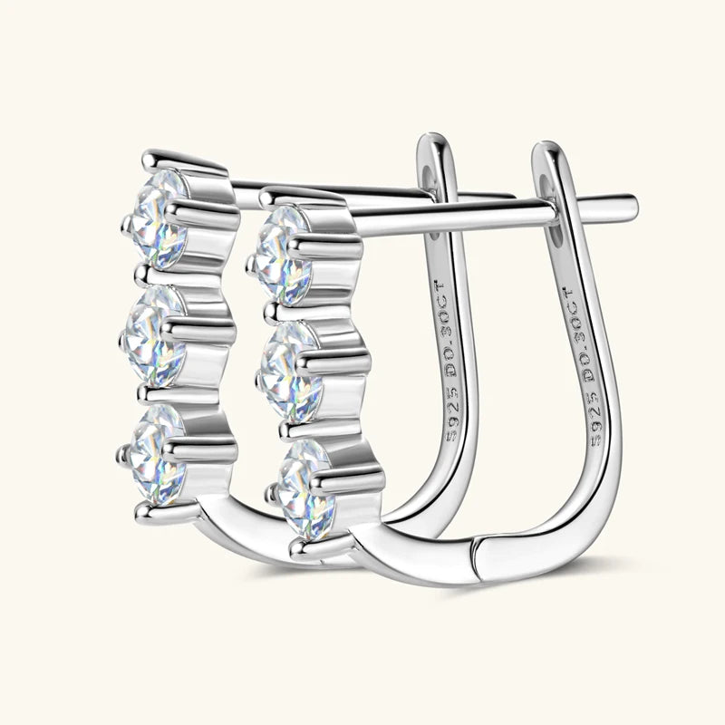 Three Stone Moissanite Earrings 925 Sterling Silver U-Shaped