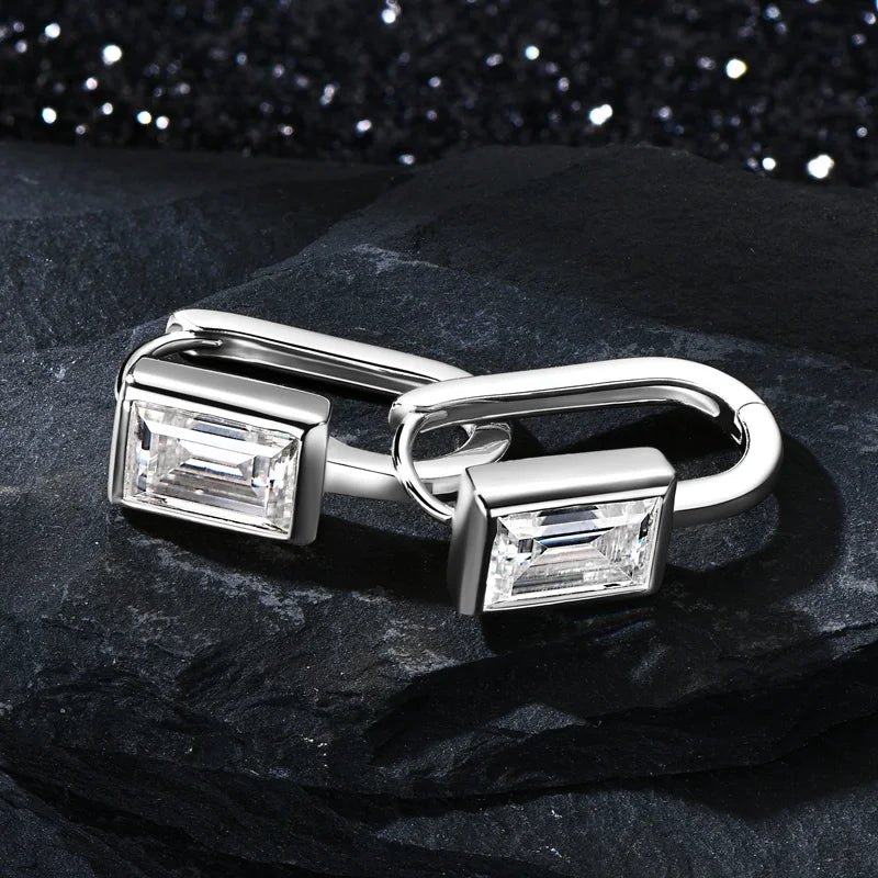 925 Sterling Silver U-shaped Hoop Earrings Emerald Cut 5*7mm Moissanite Earring