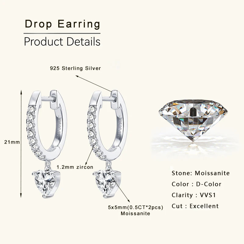 Heart Cut Pendant Moissanite Earring 925 Sterling Silver Dangle Earrings