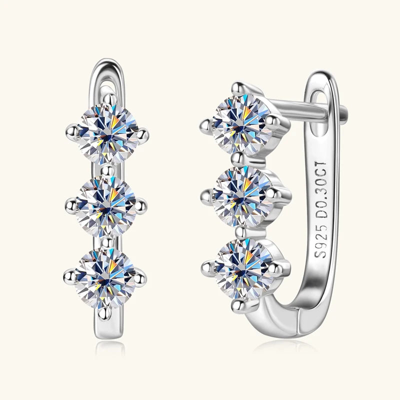 Three Stone Moissanite Earrings 925 Sterling Silver U-Shaped