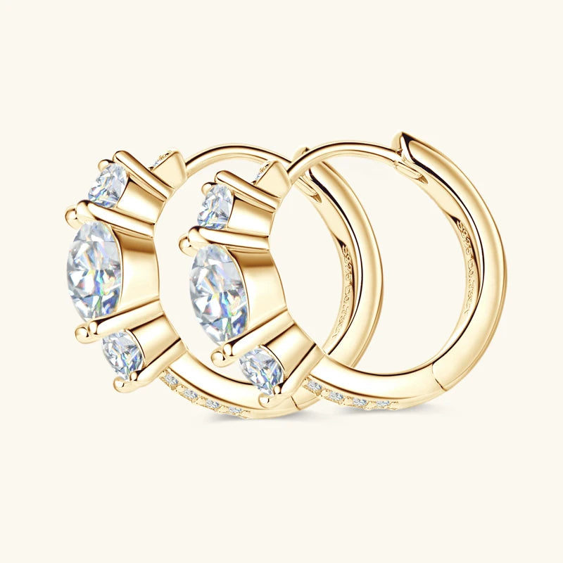 Three Stone Moissanite Earring Original 925 Sterling Silver Hoops Earring
