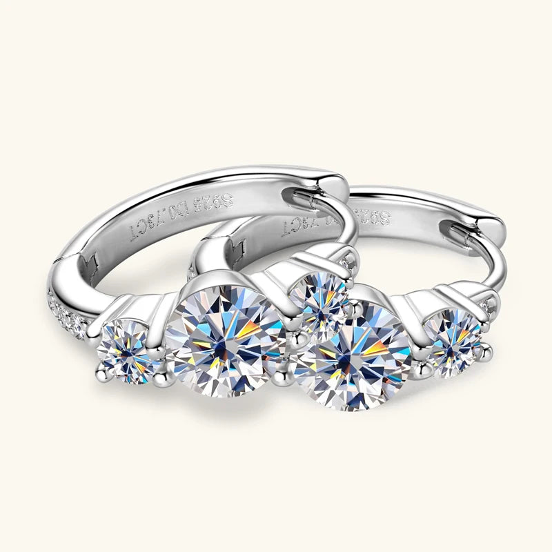 Three Stone Moissanite Earring Original 925 Sterling Silver Hoops Earring