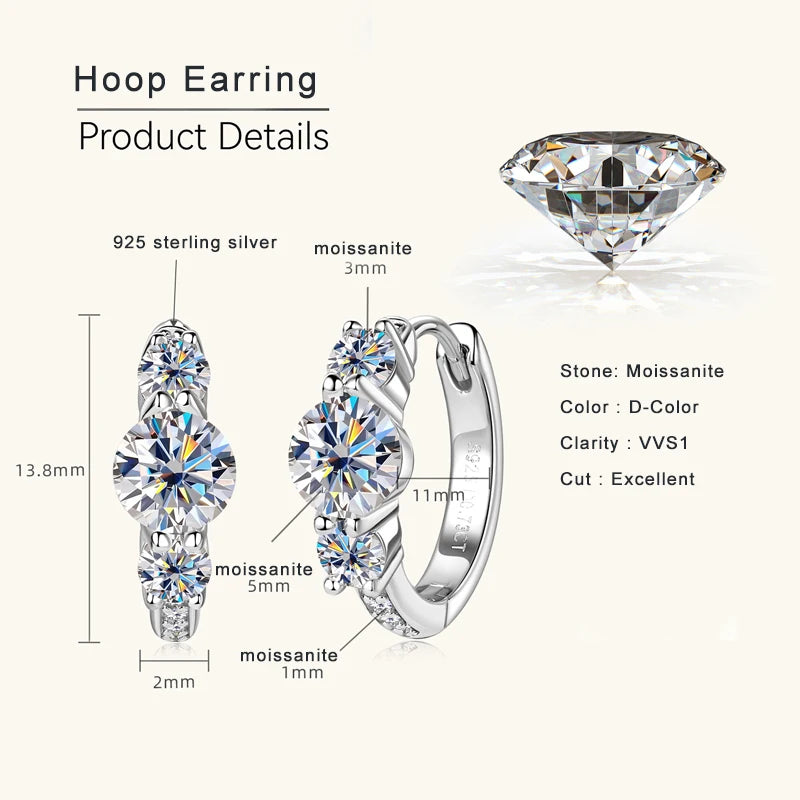 Three Stone Moissanite Earring Original 925 Sterling Silver Hoops Earring