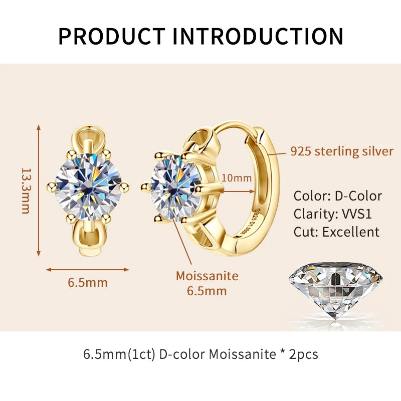 1CT Round Moissanite Hoop Earrings With Certificate 925 Sterling Silver