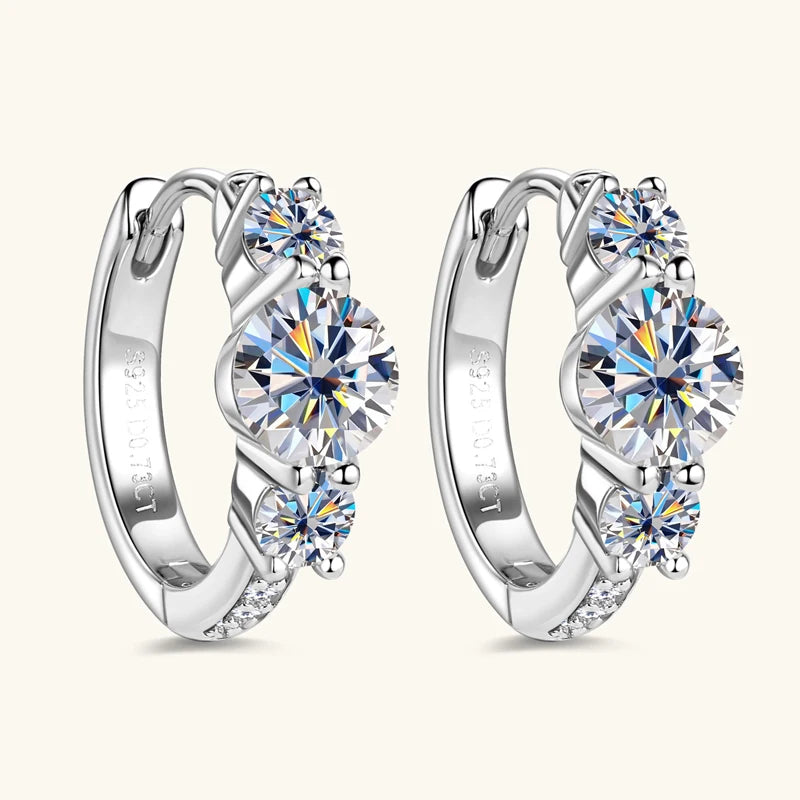 Three Stone Moissanite Earring Original 925 Sterling Silver Hoops Earring