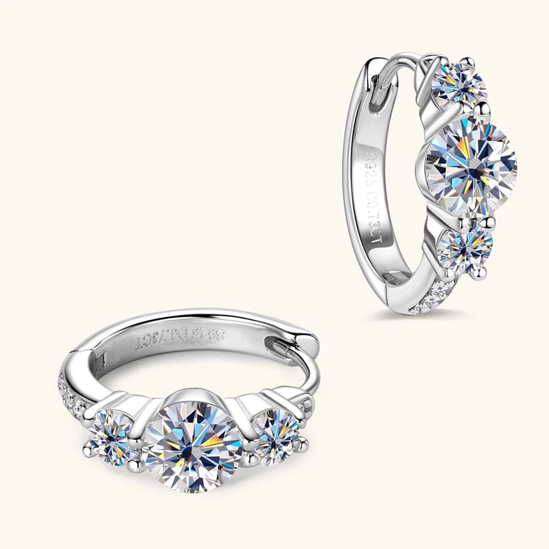 Three Stone Moissanite Earring Original 925 Sterling Silver Hoops Earring