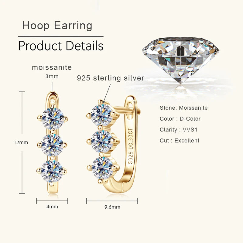 Three Stone Moissanite Earrings 925 Sterling Silver U-Shaped