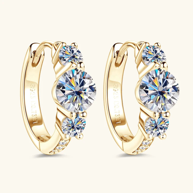 Three Stone Moissanite Earring Original 925 Sterling Silver Hoops Earring