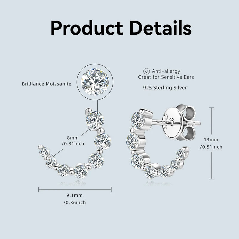 925 Sterling Silver Earrings C-shaped Single Row Moissanite Stud Earring