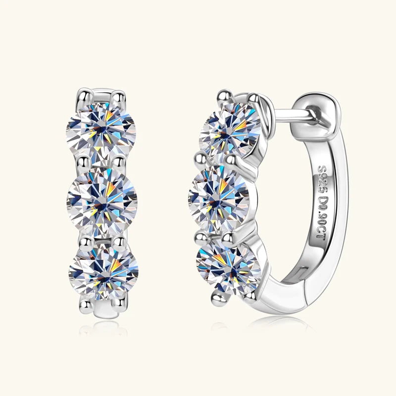 925 Sterling Silver Circle Earring Sparkling Three Stone 4mm Moissanite Hoop Earrings