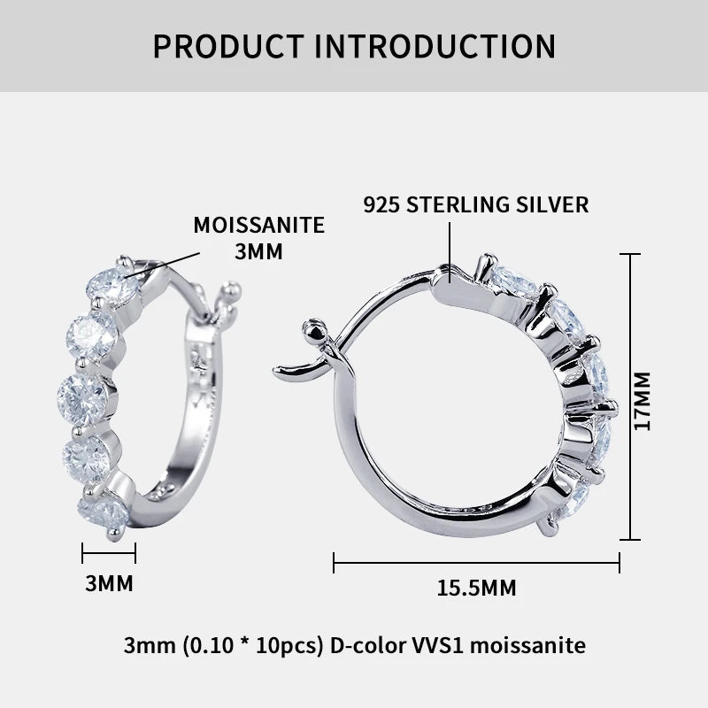 D-Color Round Moissanite Earrings 925 Sterling Silver Hoop Earring
