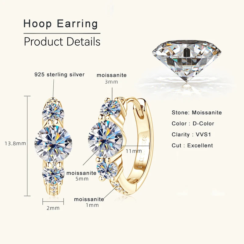 Three Stone Moissanite Earring Original 925 Sterling Silver Hoops Earring