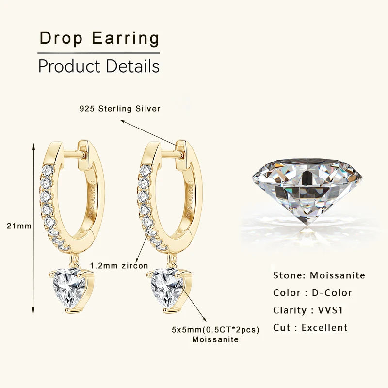 Heart Cut Pendant Moissanite Earring 925 Sterling Silver Dangle Earrings