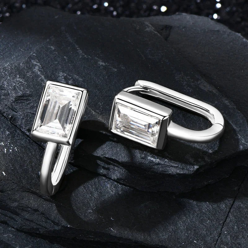 925 Sterling Silver U-shaped Hoop Earrings Emerald Cut 5*7mm Moissanite Earring