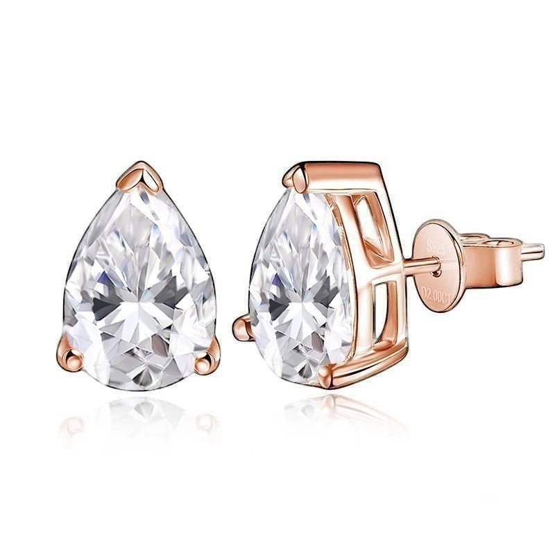 0.5 carat 4x6mm pear shaped moissanite stud earrings finished in elegant, romantic rose gold.