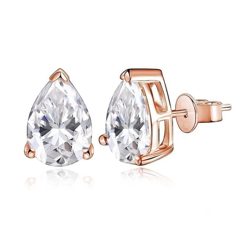 0.5 carat 4x6mm pear shaped moissanite stud earrings finished in elegant, romantic rose gold.