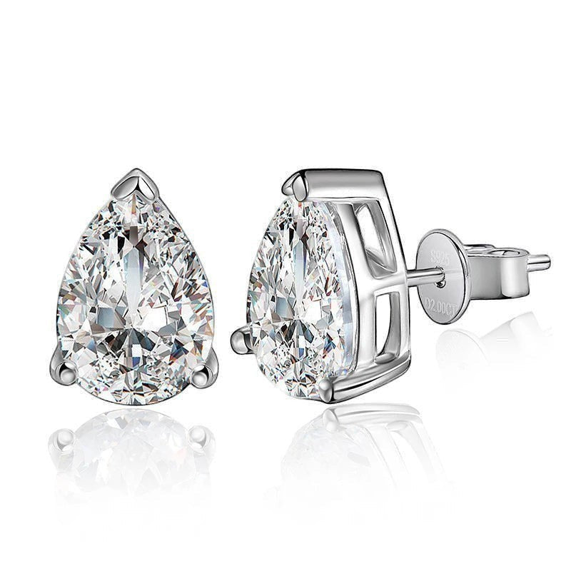 0.5 carat 4x6mm pear cut moissanite stud earrings in a brilliant white gold plated 925 sterling silver setting.