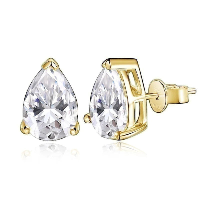 0.5 carat 4x6mm teardrop pear moissanite stud earrings in a warm yellow gold plated setting.