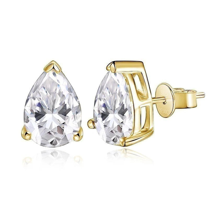 0.5 carat 4x6mm teardrop pear moissanite stud earrings in a warm yellow gold plated setting.