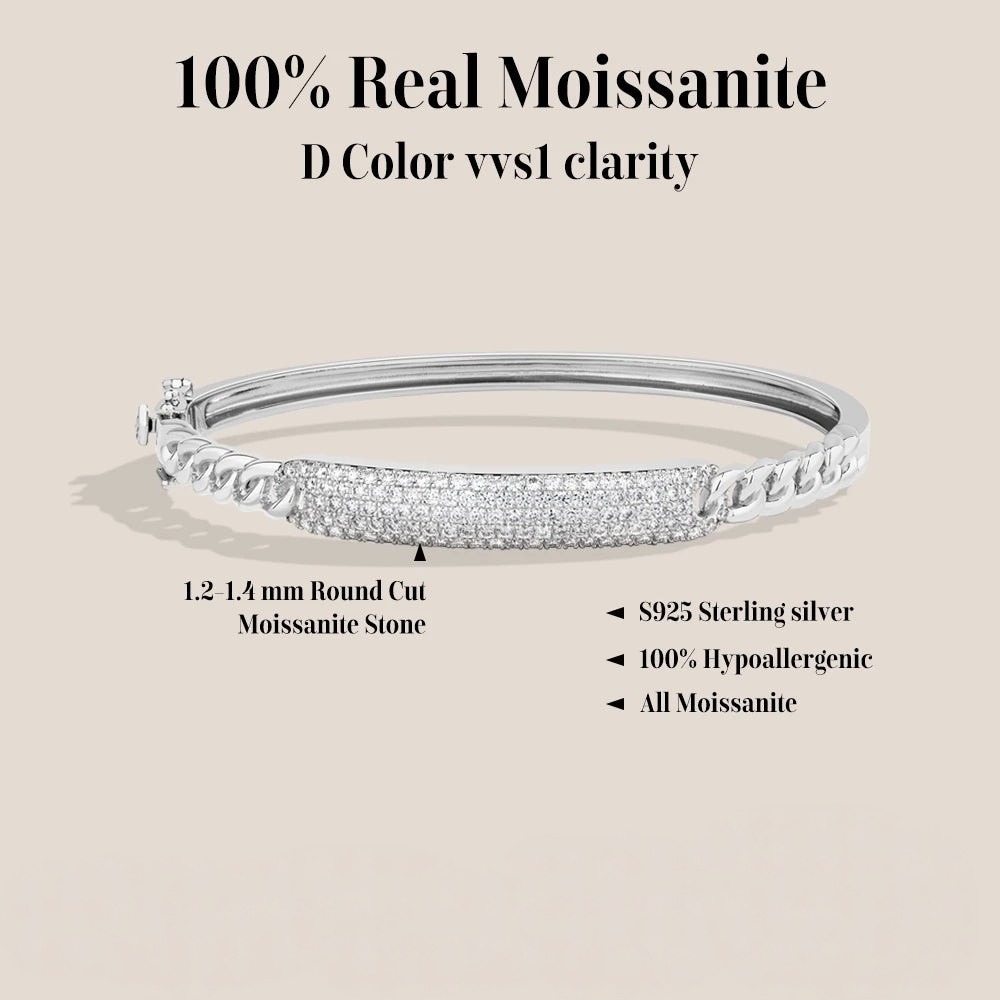 D Color VVS1 Moissanite Cuban Link Bangle in Silver