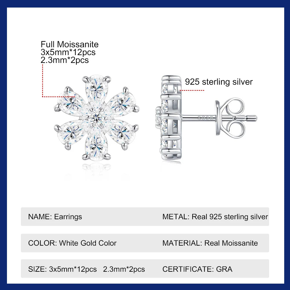 Pear Cut All Moissanite Stud Earrings for Women GRA Certified Flowers Shape Diamond Earrings S925 Silver Jewelry Gift