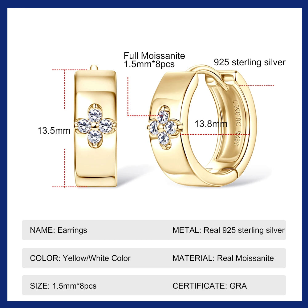 1.5mm Full Moissanite Hoop Earrings for Women Girls  Jewelry Lab Diamond Clover Earring 925 Sterling Silver Jewelry