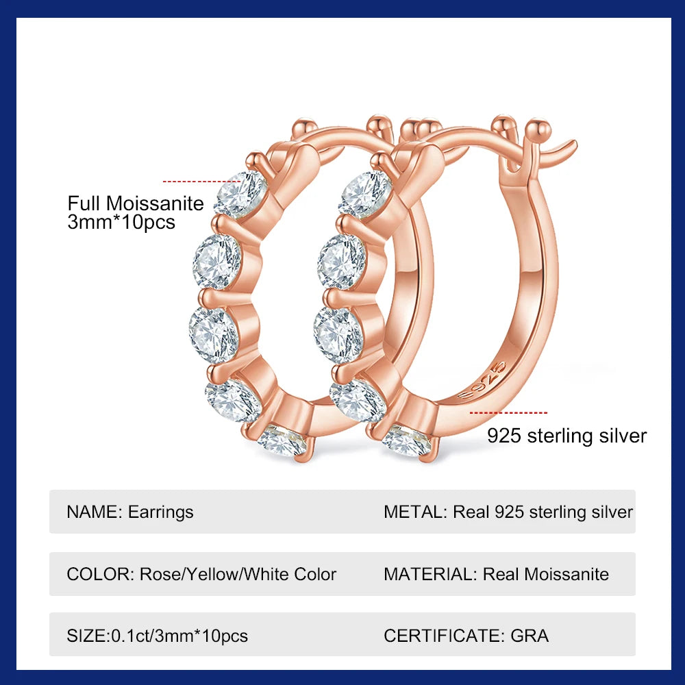 All Moissanite Hoop Earrings for Women Sparkling Classic Wedding Lab Diamond Earring 925 Silver Plated 18K 3mm Rose Gold Color