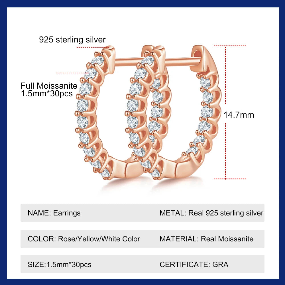 1.5mm Rose Gold Color Moissanite Hoop Earrings for Women 925 Sterling Silver Plated 18k Hypoallergenic Earrings GRA