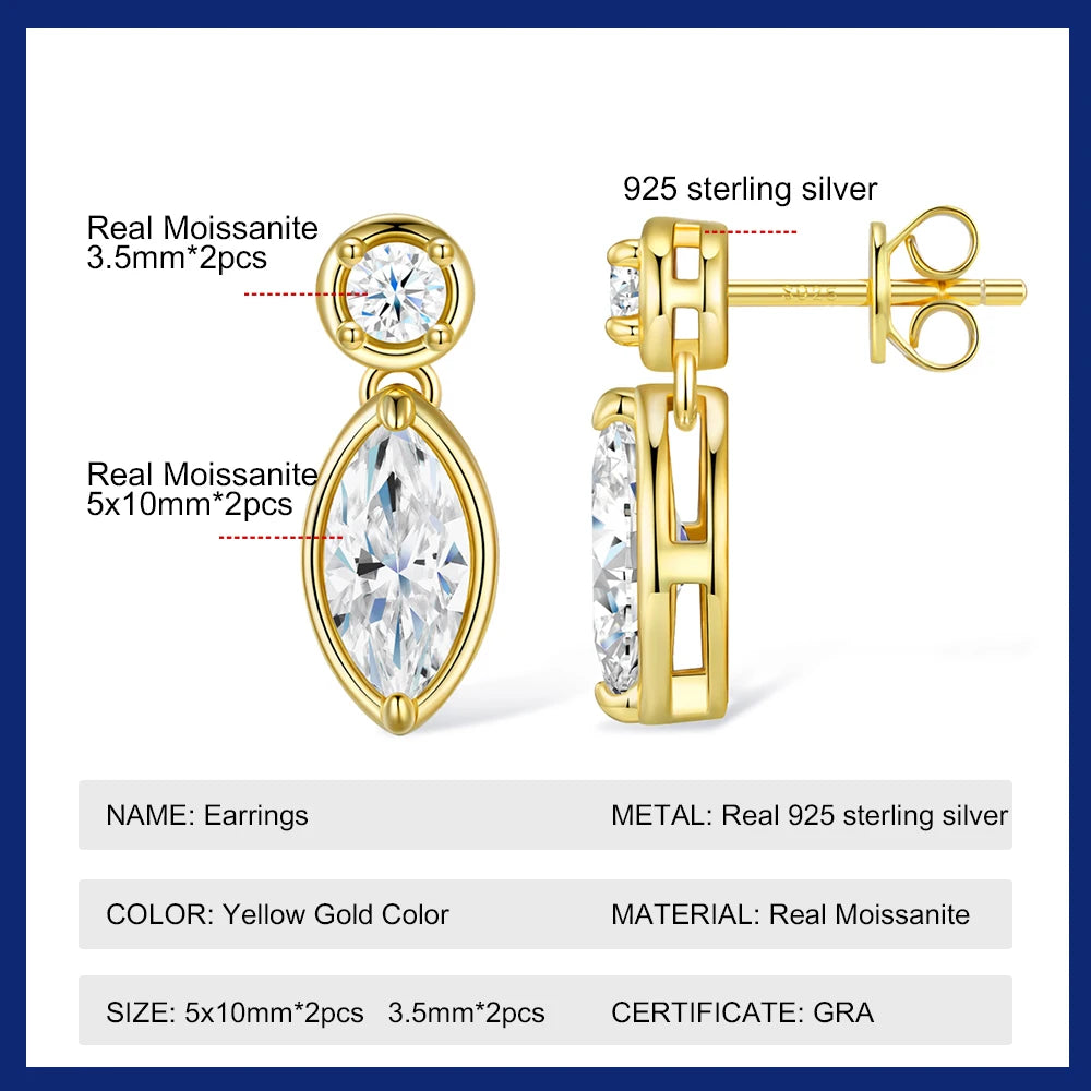 Round/Marquise Cut Moissanite Drop Earrings for Women S925 Sterling Silver Plated 18k Stud Earrings Wedding Jewelry