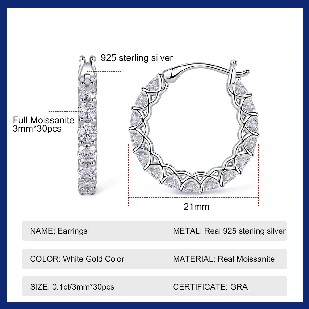 3mm All Moissanite Hoop Earrings 925 Sliver Plated White Gold Earring for Women Classic Sparkly Bridal Wedding Jewelry