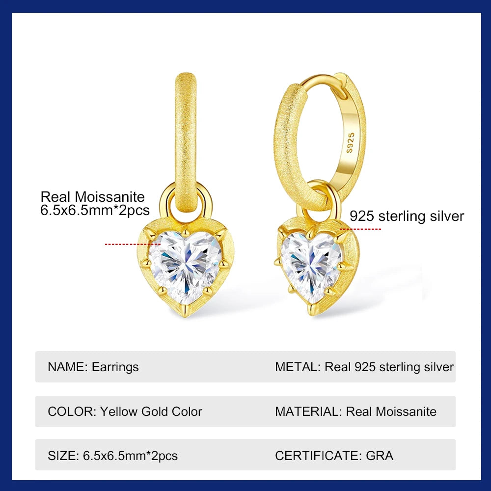 1CT Heart Cut Moissanite Drop Earrings for Women Brushed Frosted S925 Sterling Silver Plated 18k Earring Wedding Party Jewelry