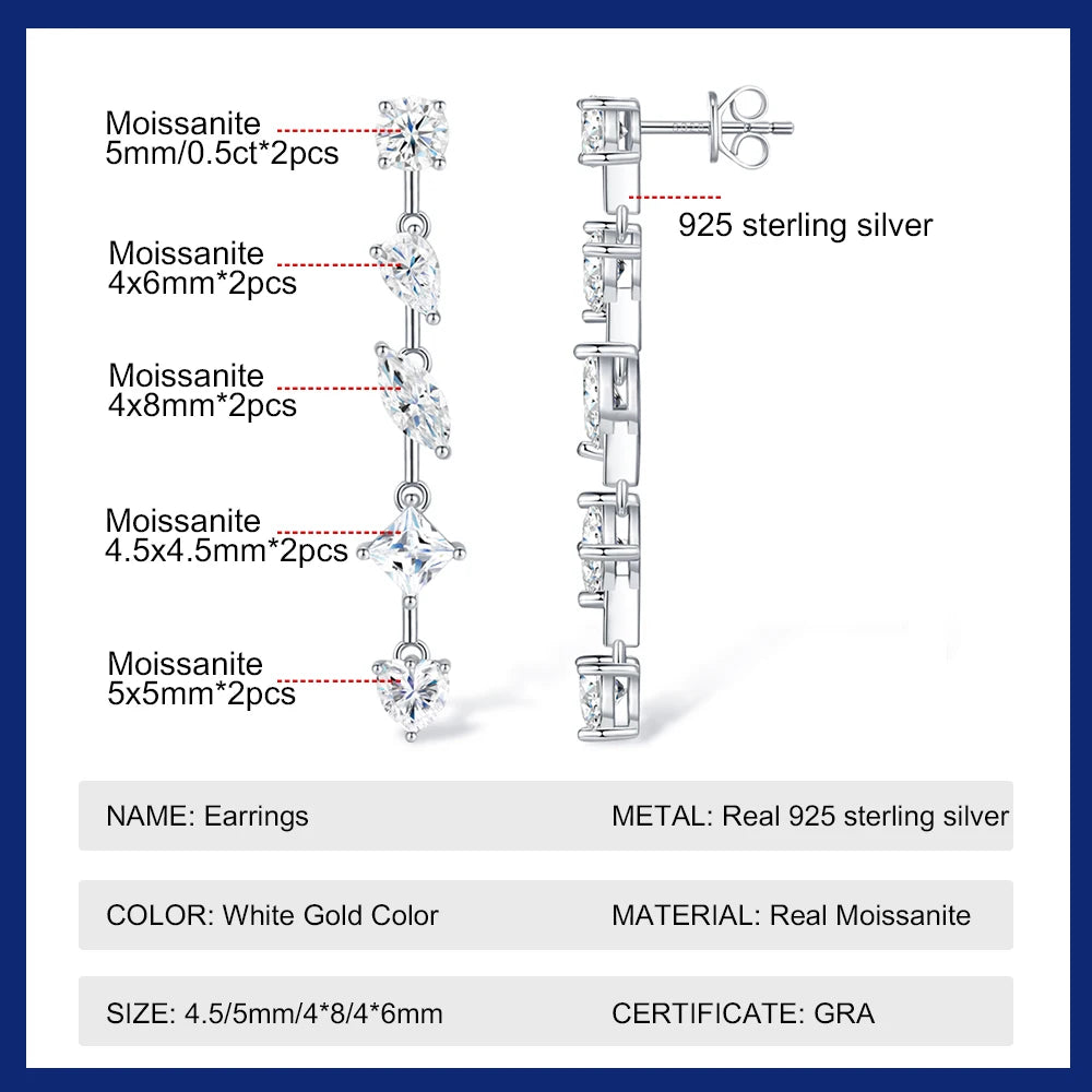 All Moissanite Drop Earrings for Women Pear /Marquise/Heart Cut Diamond 925 Silver Long Tassel Dangle Earring Party Jewelry GRA