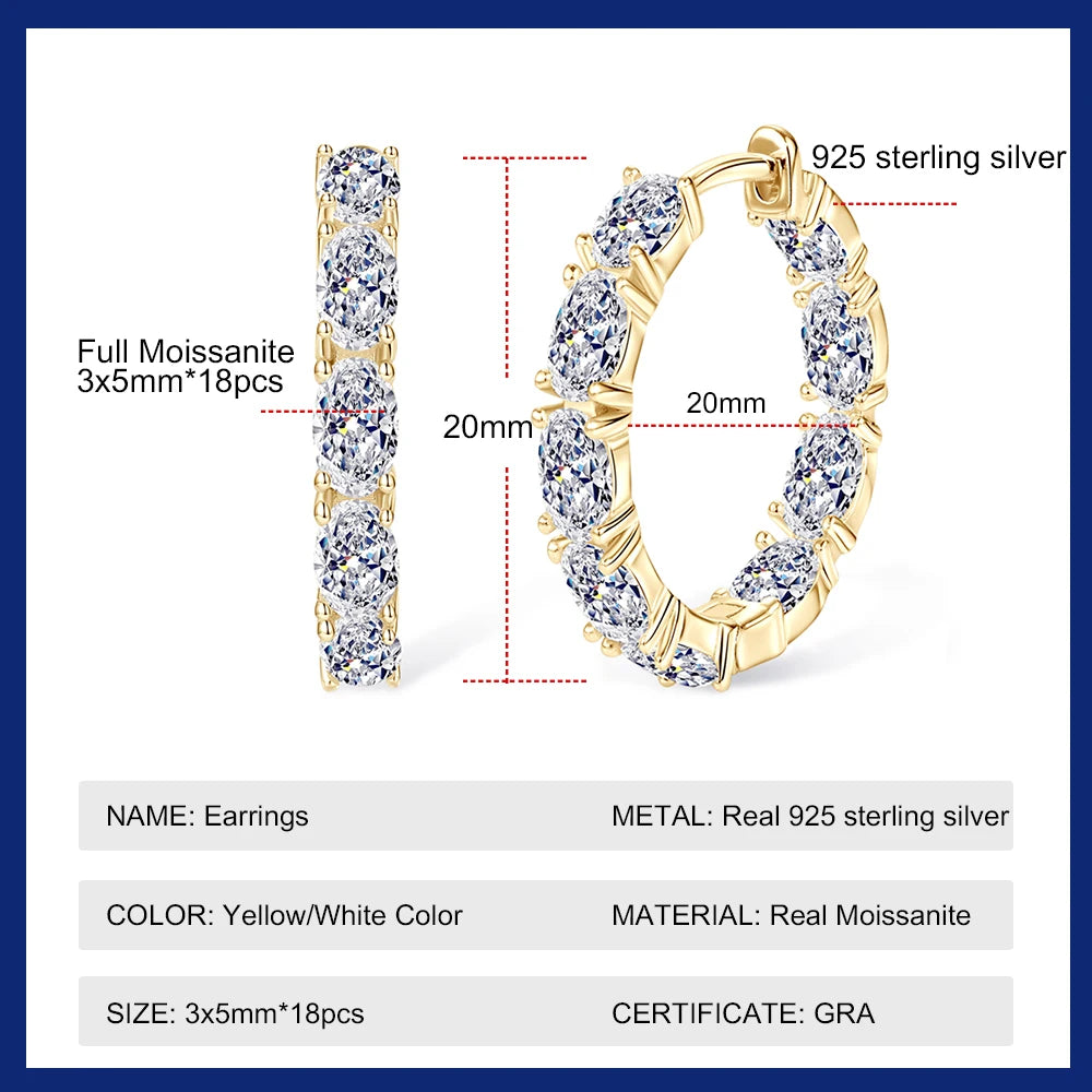 Oval Cut Moissanite Hoop Earrings Women Wedding 5.4CT Lab Diamond Classic Earring Pure S925 Silver Plated 18K Hoops