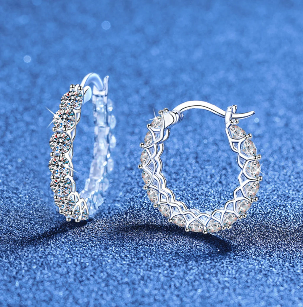 3mm All Moissanite Hoop Earrings 925 Sliver Plated White Gold Earring for Women Classic Sparkly Bridal Wedding Jewelry